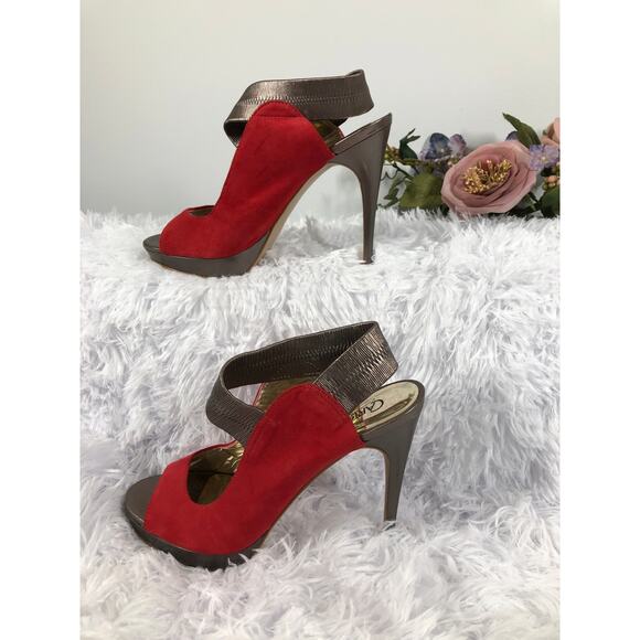 Carlos by Carlos Santana platform 8.5M Heel Red Suede Upper Metallic Ankle Strap - Picture 2 of 10